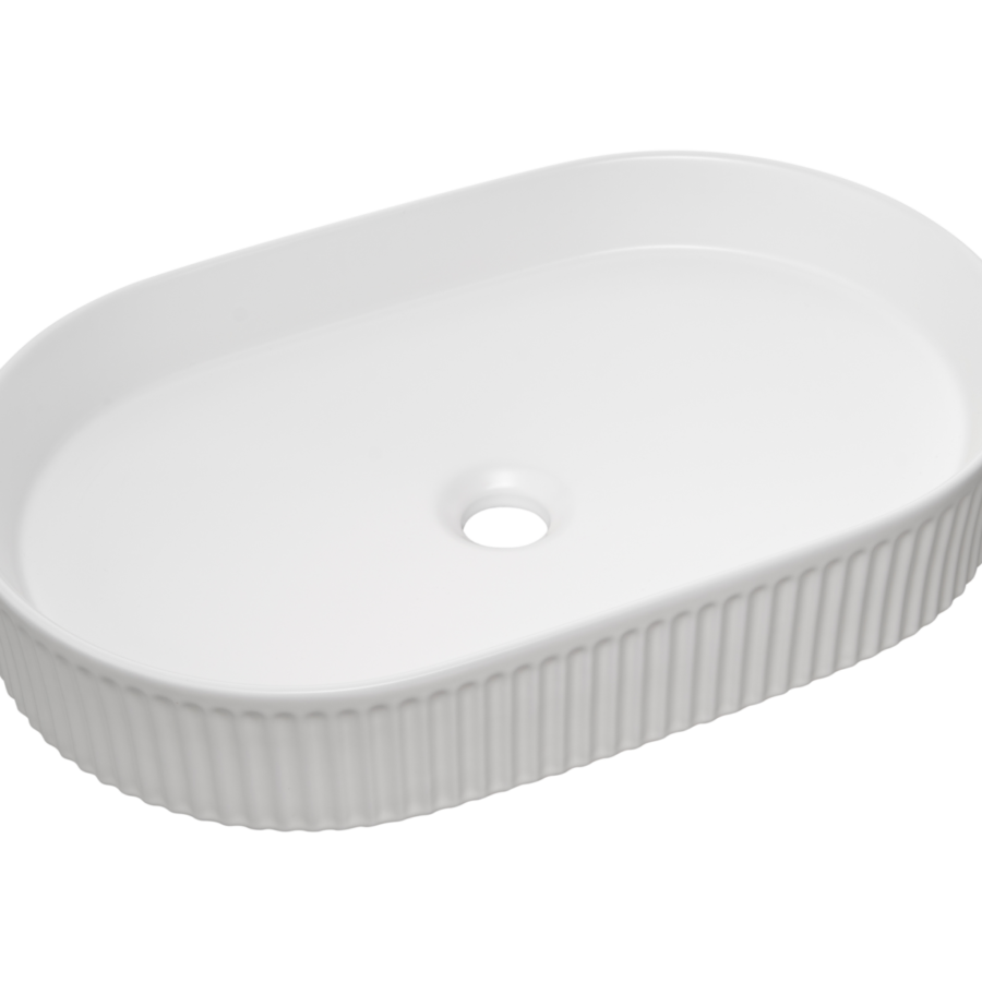 Umywalka nablatowa ceramiczna 56 cm owalna, biała z żłobieniami