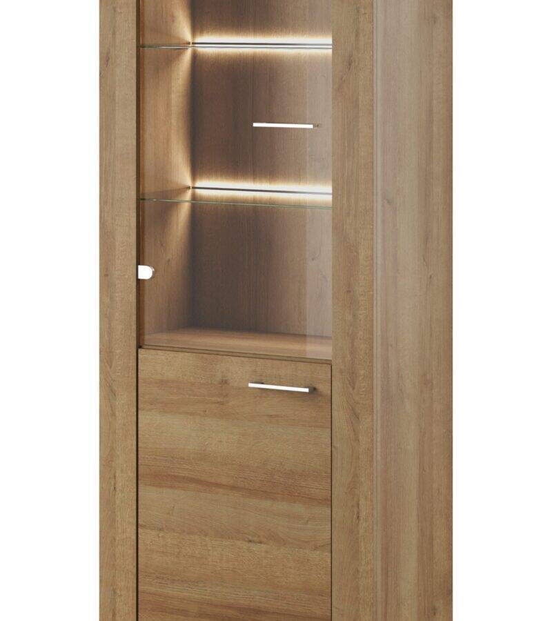 Witryna szklana dąb riviera 197x70x37 cm płyta laminowana, oświetlenie LED