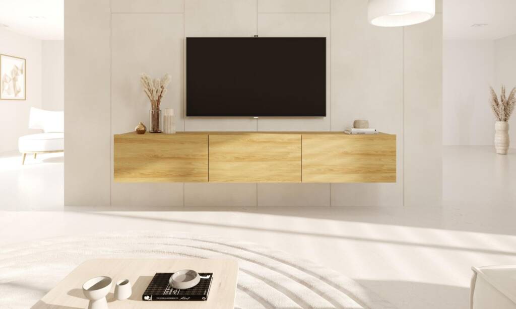 Nowoczesna Szafka RTV Wisząca Hikora, Minimalistyczny Design - 3 Drzwi 6 szafka rtv wisząca hikora 180 cm aranżacja front