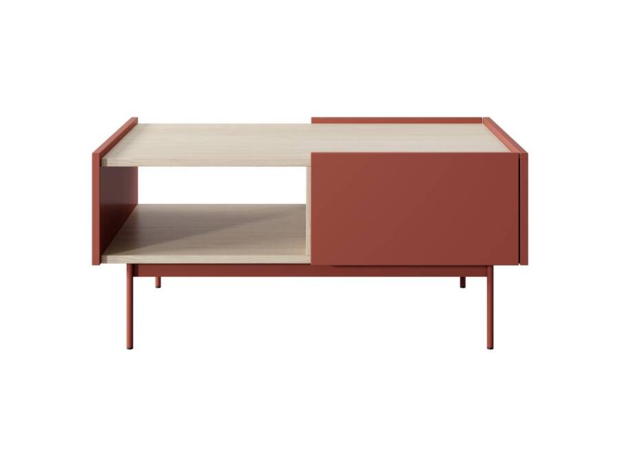 Stolik kawowy czerwony-dąb 97x65 cm - nowoczesny, z szufladą, płyta laminowana 1
