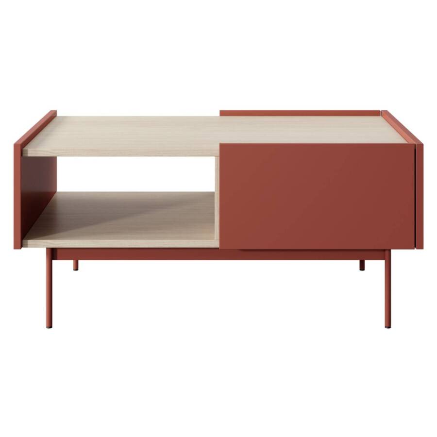 Stolik kawowy czerwony-dąb 97x65 cm - nowoczesny, z szufladą, płyta laminowana