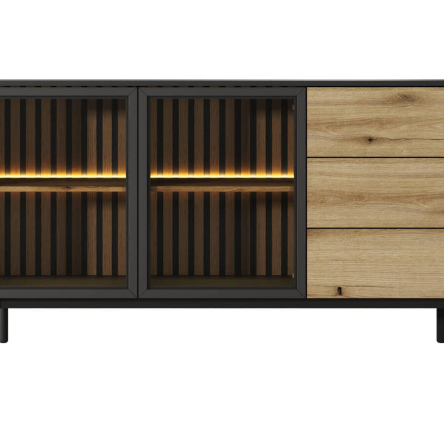 Komoda dąb evoke/czarny z lamelami LED 150 cm – nowoczesny styl