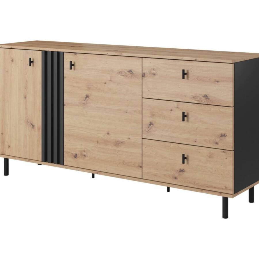 Komoda 165 cm Dąb Artisan/Antracyt z Ozdobnymi Lamelami Nowoczesna