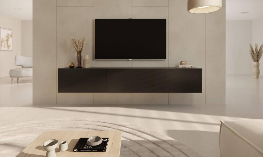 Nowoczesna Szafka RTV Wisząca Czarna, Minimalistyczny Design - 3 Drzwiczki 4 szafka rtv wisząca czarna 180 cm aranżacja front