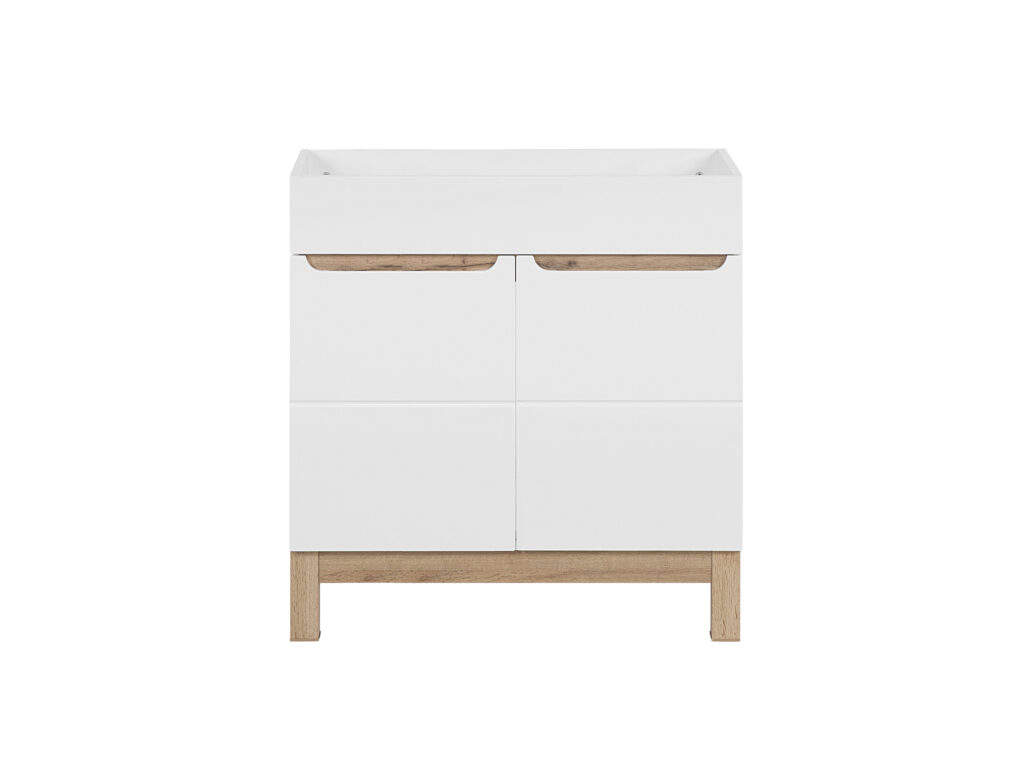Szafka łazienkowa 80 cm biała połysk dąb 2 drzwi pod umywalkę stojąca 4 szafka łazienkowa 80 cm biała połysk dąb front
