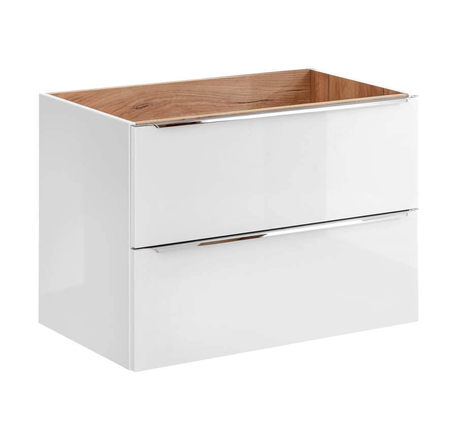 Szafka pod umywalkę 80 cm biała połysk 2 szuflady dąb złoty