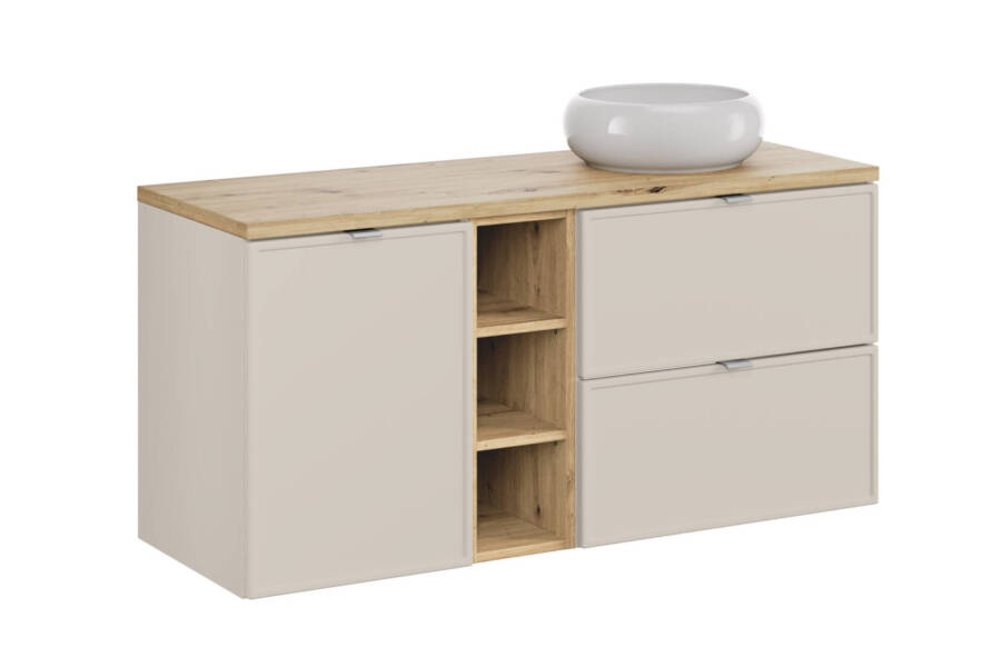 Nowoczesny zestaw mebli łazienkowych kaszmirowy mat z blatem artisan i umywalką 120 cm 1