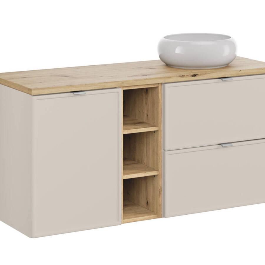 Nowoczesny zestaw mebli łazienkowych kaszmirowy mat z blatem artisan i umywalką 120 cm