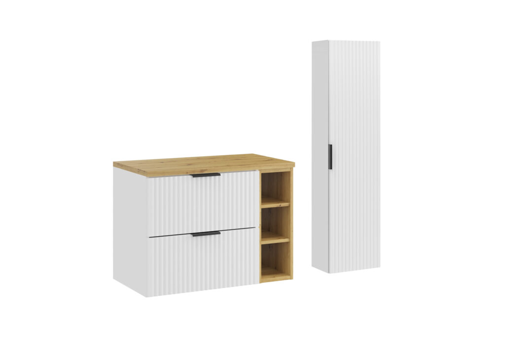 zestaw łazienkowy biały mat ryflowany z blatem dąb artisan