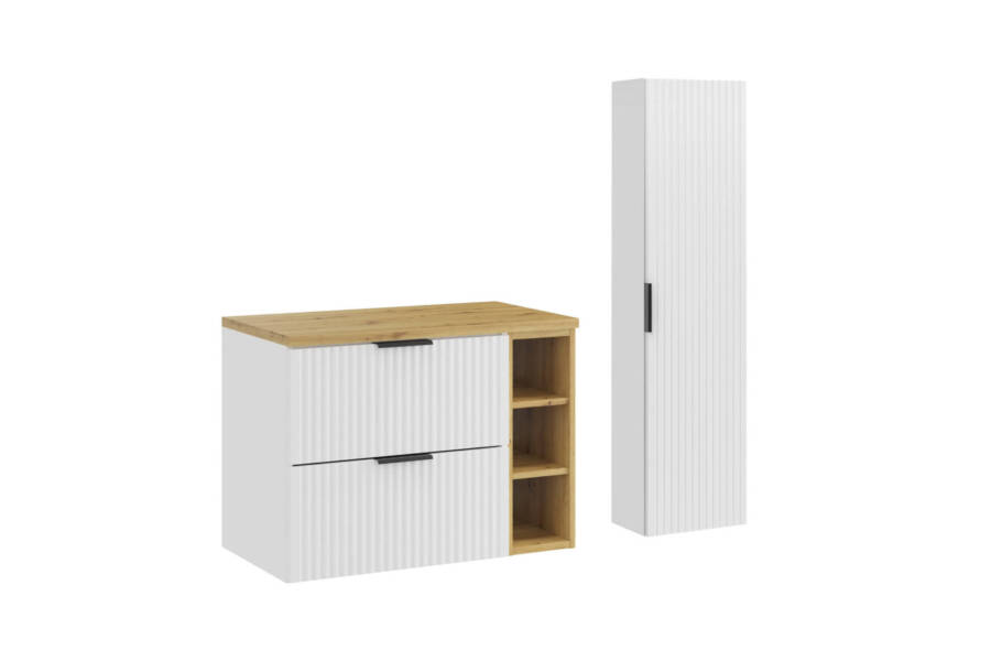 zestaw łazienkowy biały mat ryflowany z blatem dąb artisan