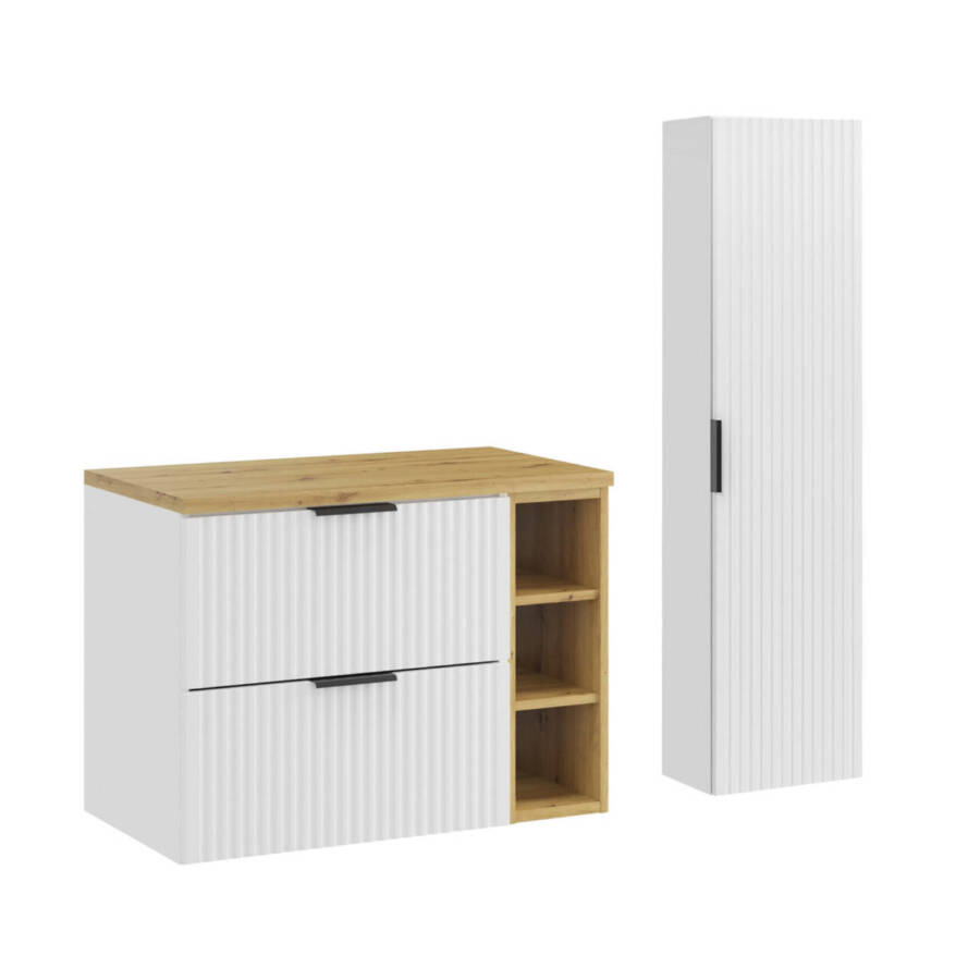 zestaw łazienkowy biały mat ryflowany z blatem dąb artisan