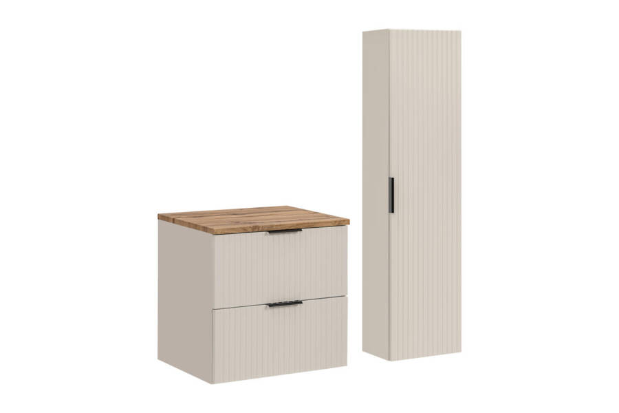 szafka łazienkowa 60 cm kaszmirowy mat z blatem dąb wotan i słupkiem