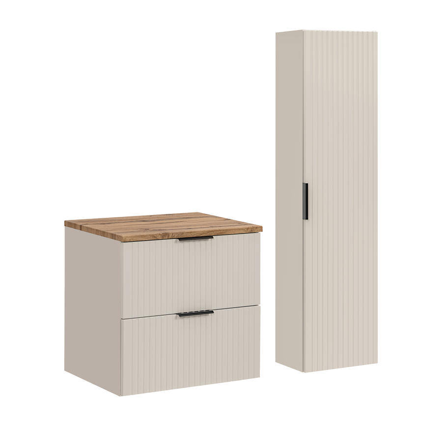 szafka łazienkowa 60 cm kaszmirowy mat z blatem dąb wotan i słupkiem