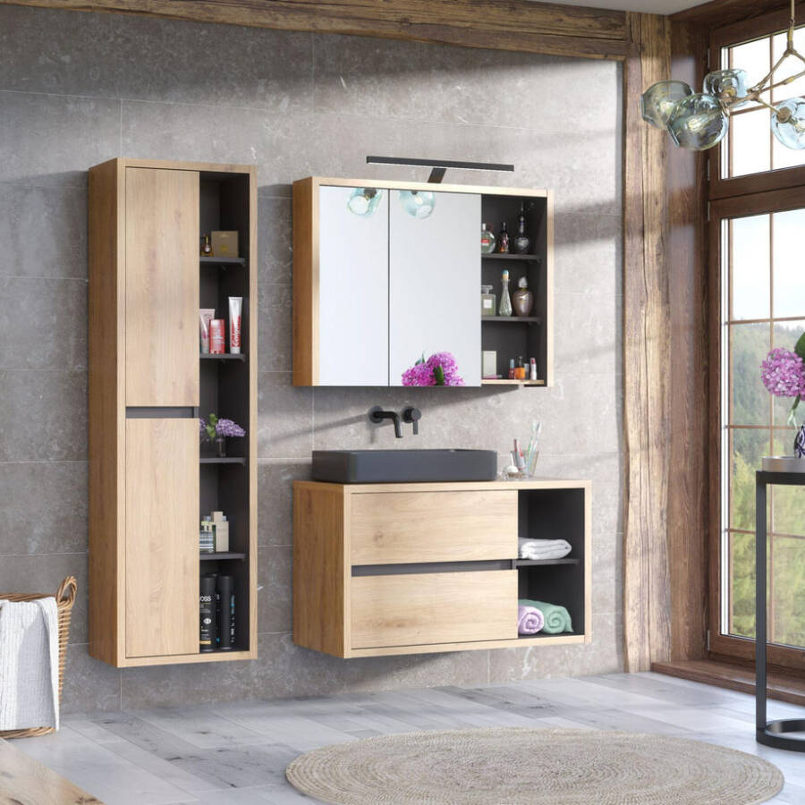 Nowoczesny zestaw łazienkowy 100 cm dąb shetland z lustrem i umywalką