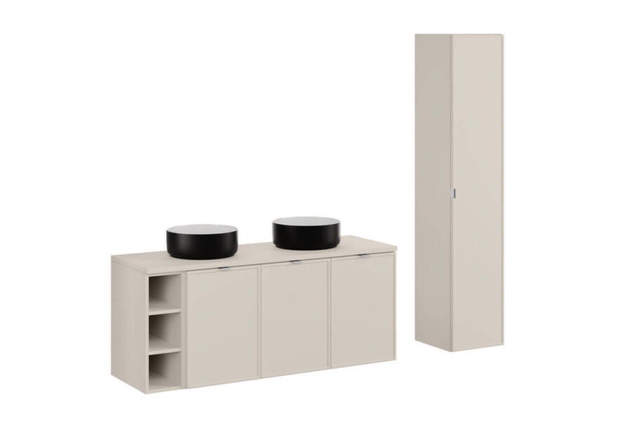 Szafka łazienkowa 120 cm kaszmirowy mat z umywalkami i słupkiem 1