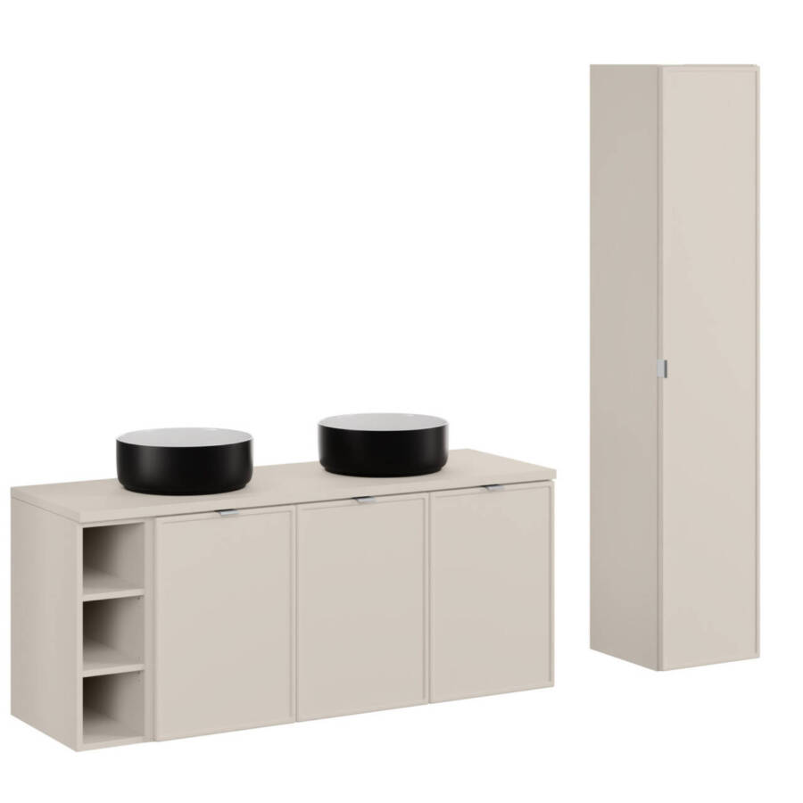 Szafka łazienkowa 120 cm kaszmirowy mat z umywalkami i słupkiem