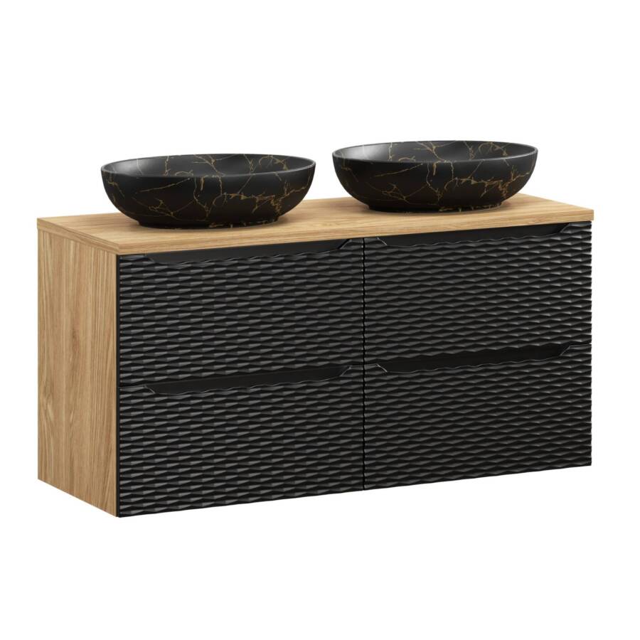 Szafka 120 cm czarny mat dąb + 2x umywalka złota czarna ceramiczna