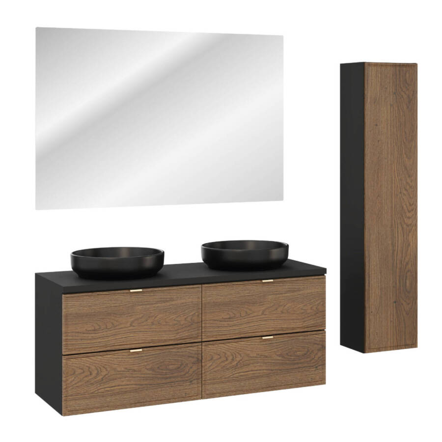Zestaw łazienkowy 120 cm 2x umywalka czarna słupek lustro LED