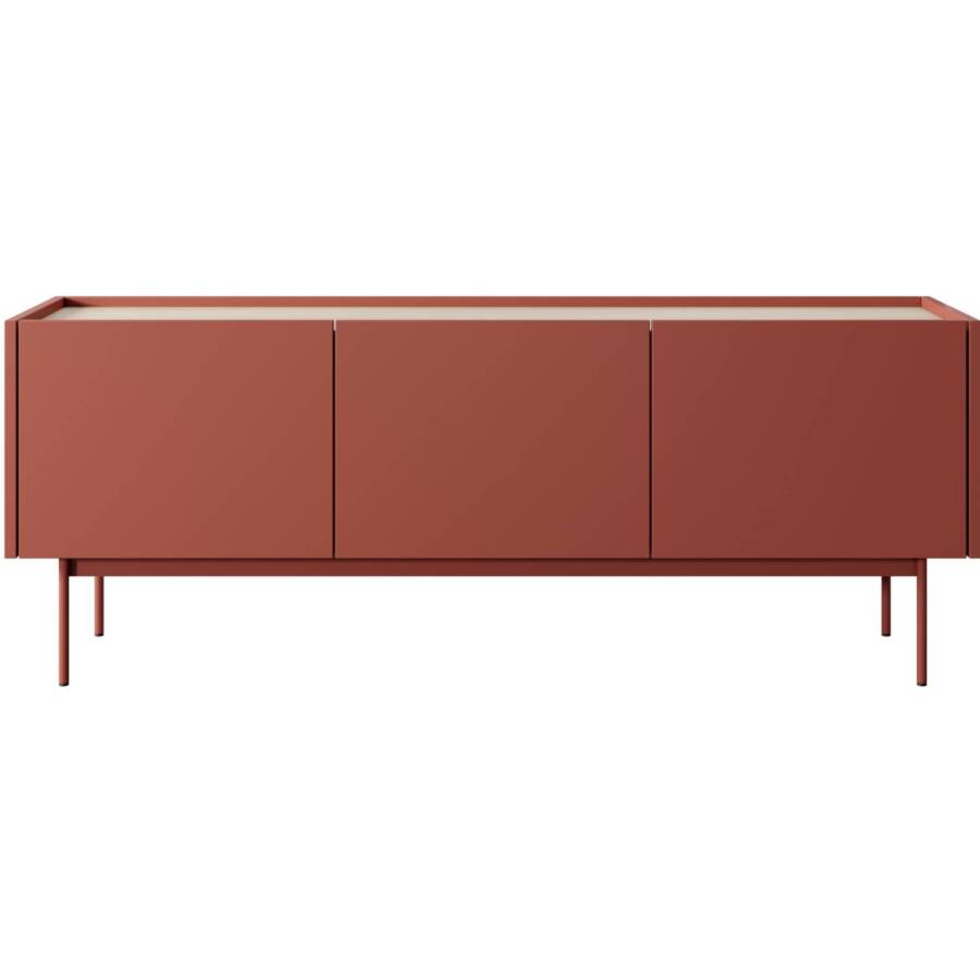 Szafka RTV czerwona-dąb 144 cm - nowoczesna, 3 drzwi, płyta laminowana