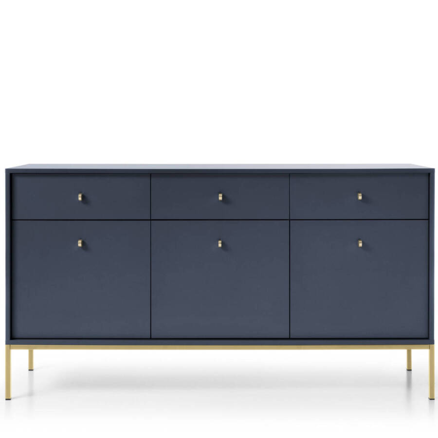 Elegancka komoda granatowa 153 cm, nowoczesny design, złoty stelaż