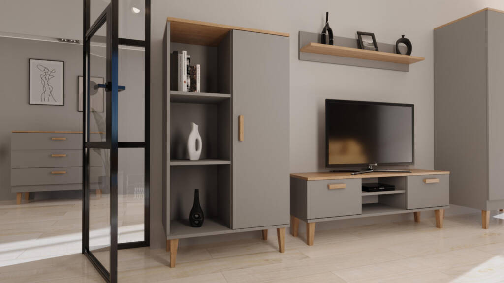 szafka rtv 120 cm szara z dębowym blatem aranżacja