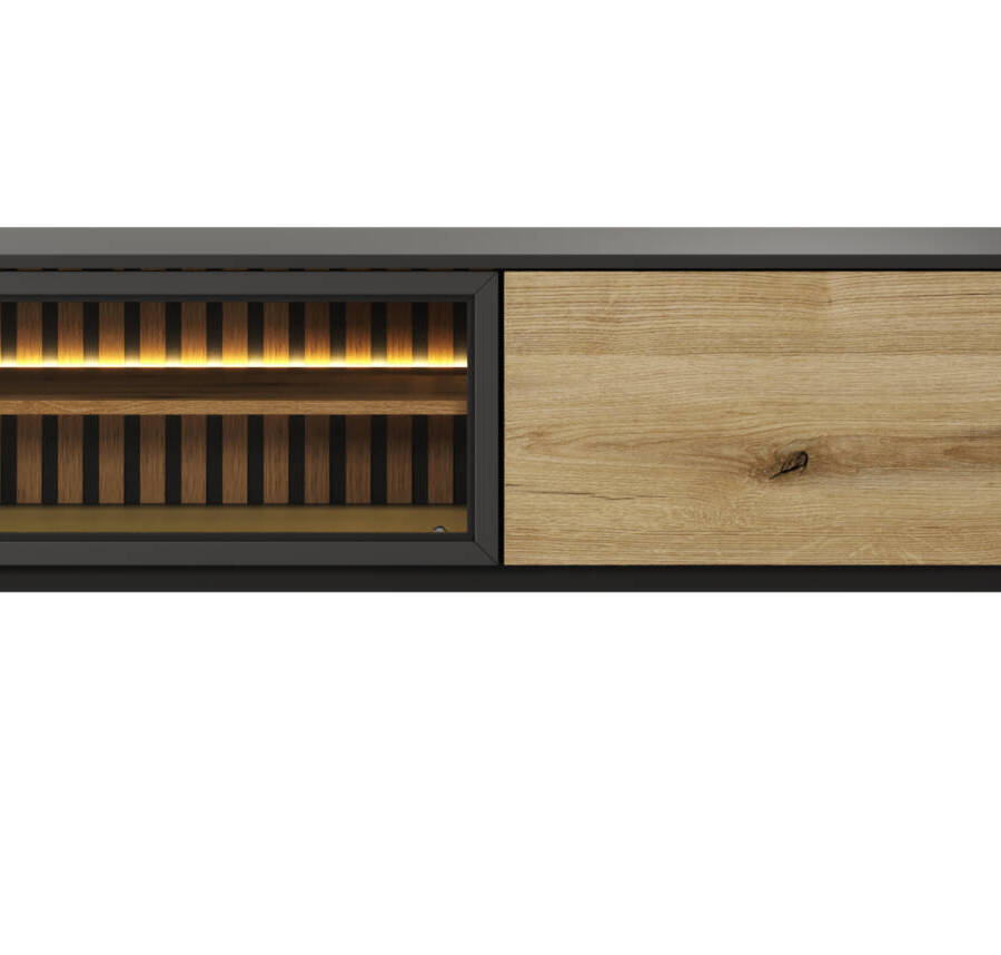 Szafka RTV dąb evoke/czarny z lamelami i oświetleniem LED, 180 cm