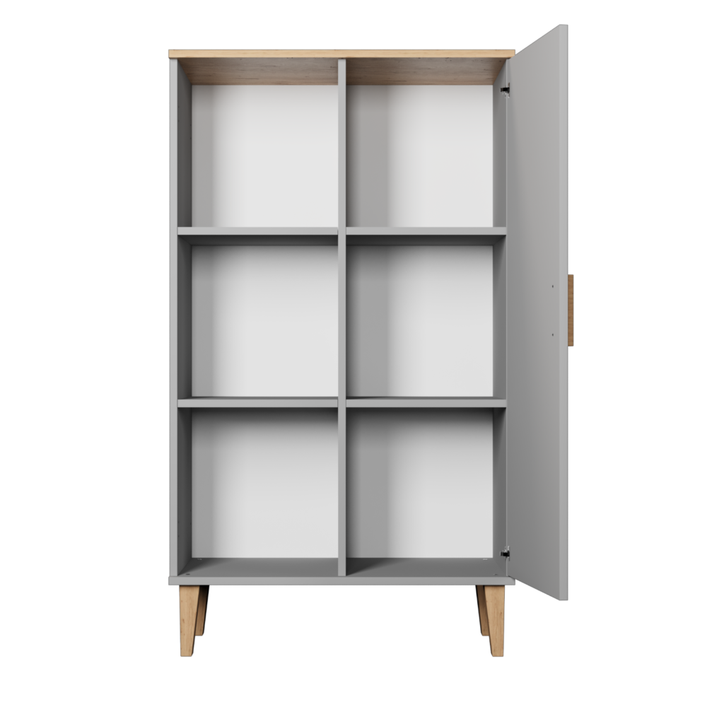 szafka wysoka 80 cm szara z dębowym blatem wnętrze
