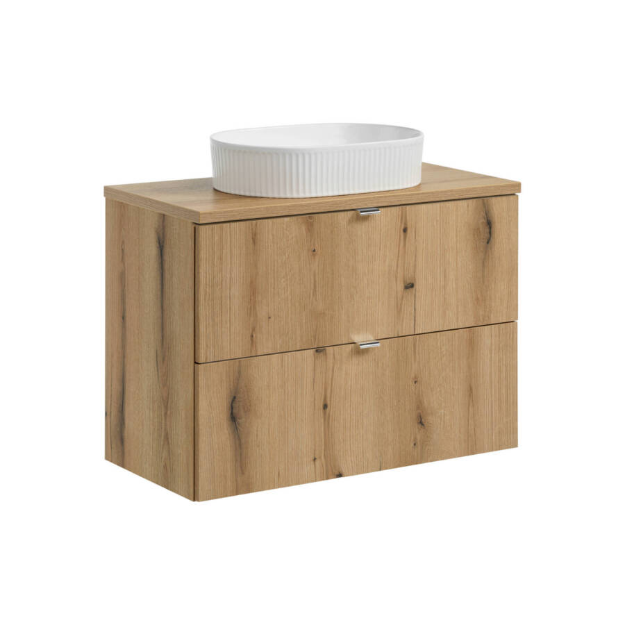 Szafka łazienkowa 80 cm z blatem i białą umywalką nablatową