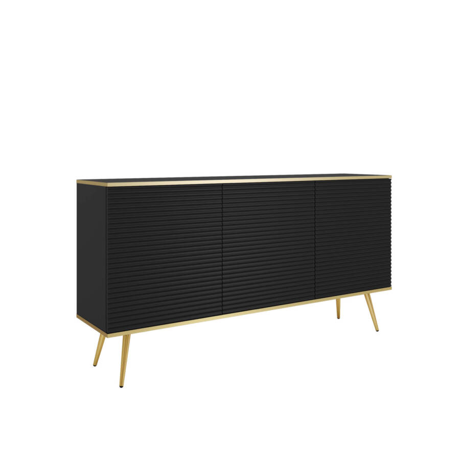 Komoda czarna ryflowana MDF na złotych nogach designerska 160 cm