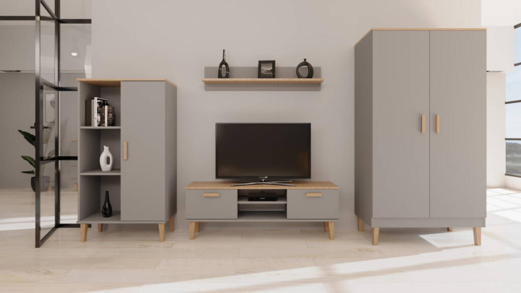 szafka wysoka 80 cm szara z dębowym blatem aranżacja