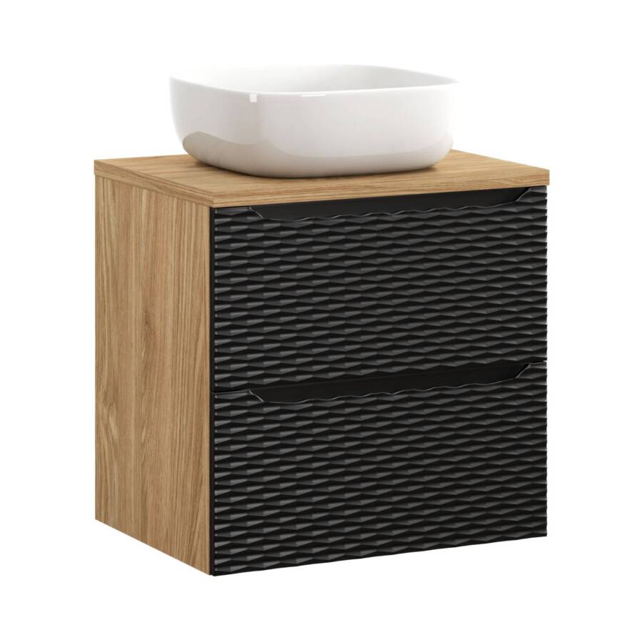 Szafka łazienkowa 60 cm czarny mat dąb + blat + biała umywalka