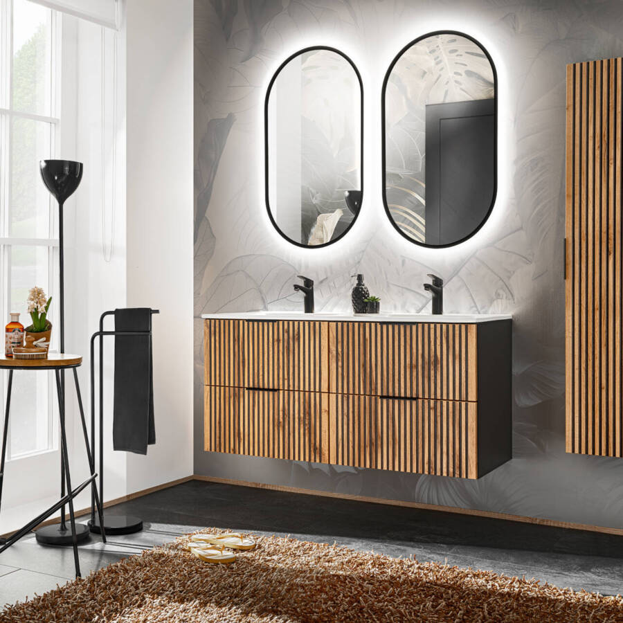 Nowoczesny zestaw łazienkowy 120cm dąb wotan lamele LED Xilo umywalka