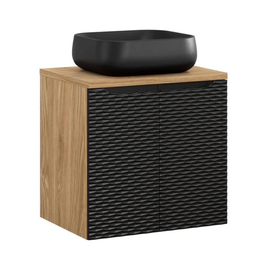 Szafka łazienkowa 60 cm czarny mat dąb + blat + umywalka