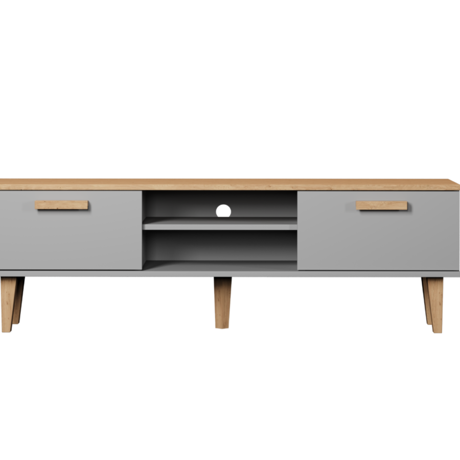 Szafka RTV 160 cm szara z blatem dąb nowoczesna elegancka na nóżkach