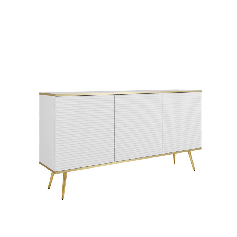 Komoda biała ryflowana MDF na złotych nogach nowoczesna 160 cm