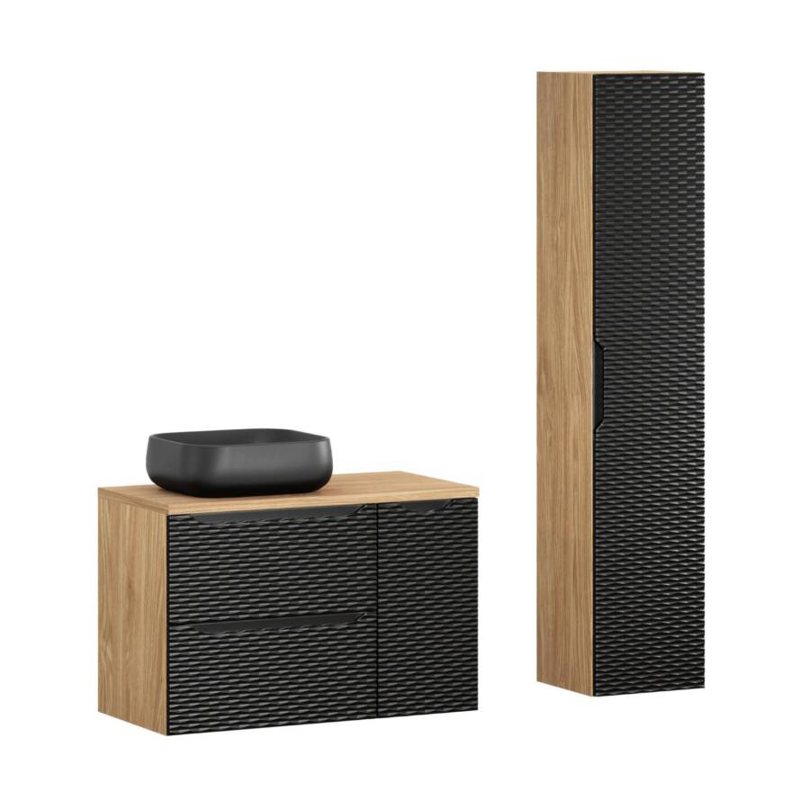 Czarny zestaw łazienkowy z dębem + umywalka nablatowa 45 cm