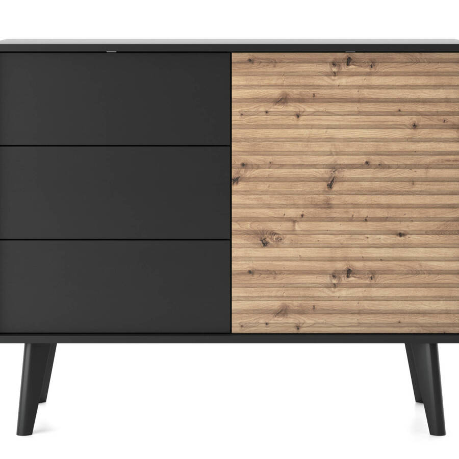 Nowoczesna Szafka Komoda 104 cm Czarna z Drewnem, płyta MDF, 3 Szuflady