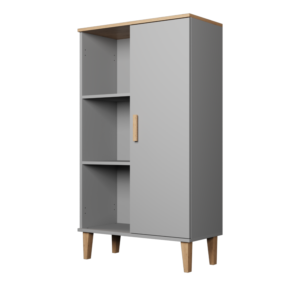 szafka wysoka 80 cm szara z dębowym blatem na nóżkach
