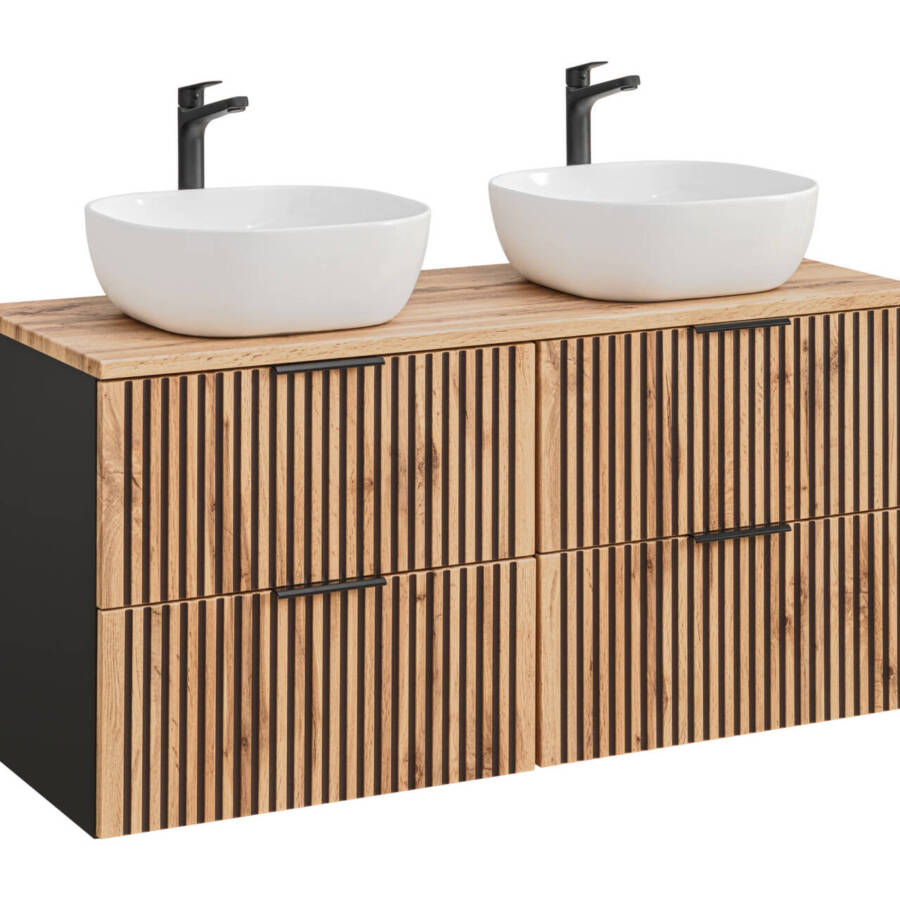 Nowoczesny zestaw łazienkowy Xilo dąb wotan 120 cm z dwiema umywalkami