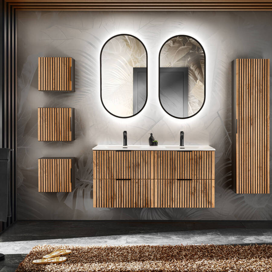 Nowoczesna zabudowa łazienkowa 120 cm z dwiema umywalkami LED dąb wotan
