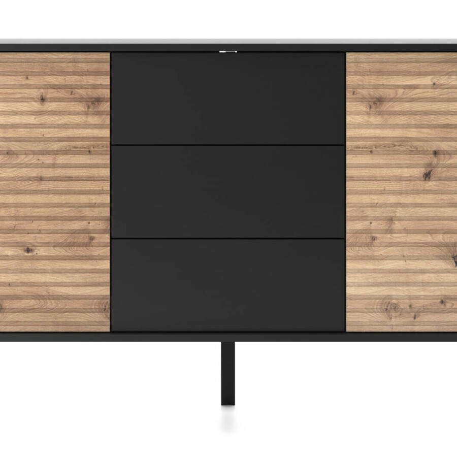 Komoda 154 cm z 3 Szufladami, Nowoczesna Czarna z Drewnem, płyta MDF