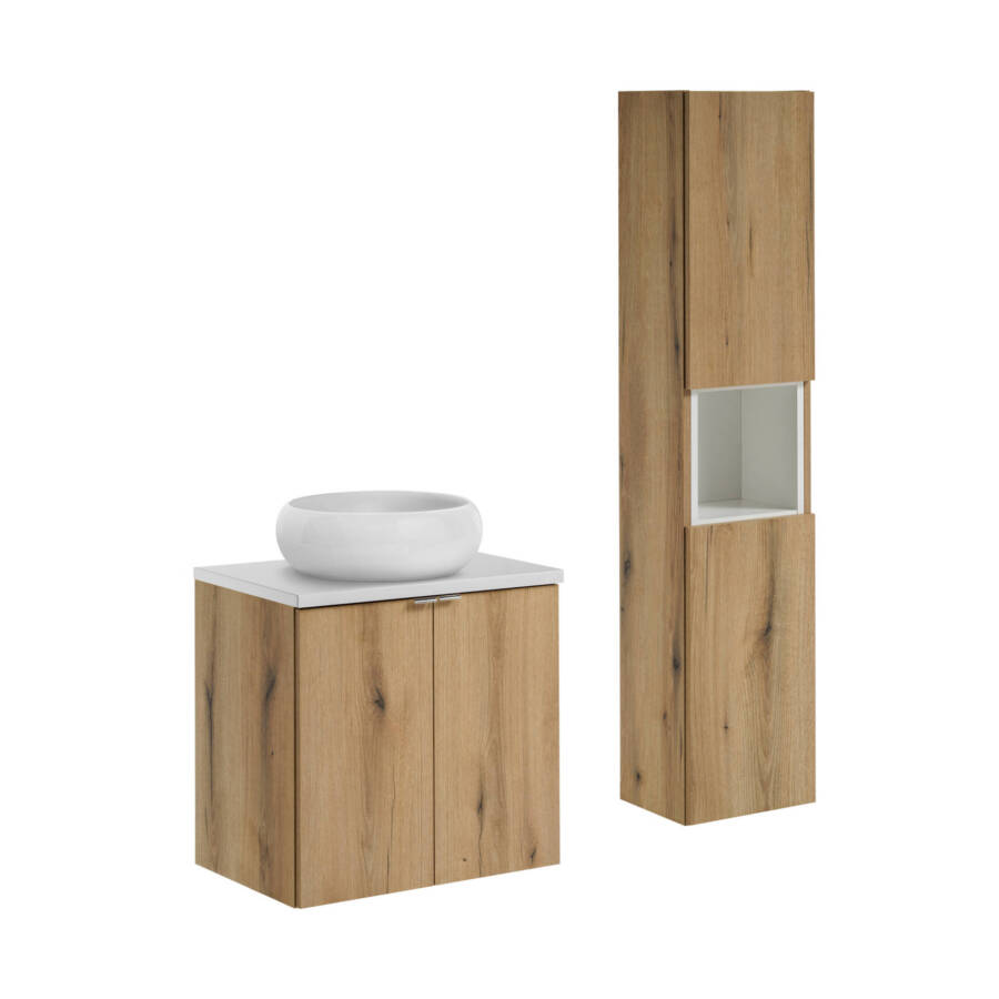 Szafka łazienkowa 60 cm z umywalką nablatową i słupkiem w kolorze dąb + biały mat