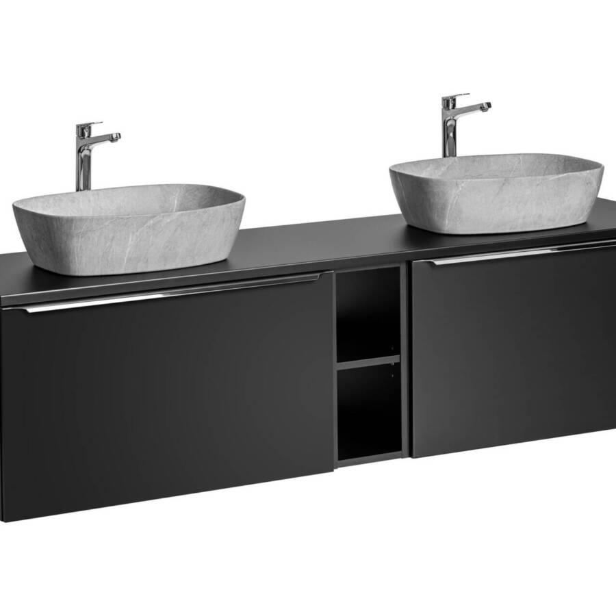Zestaw łazienkowy 180 cm czarny mat z 2 szarymi umywalkami nablatowymi