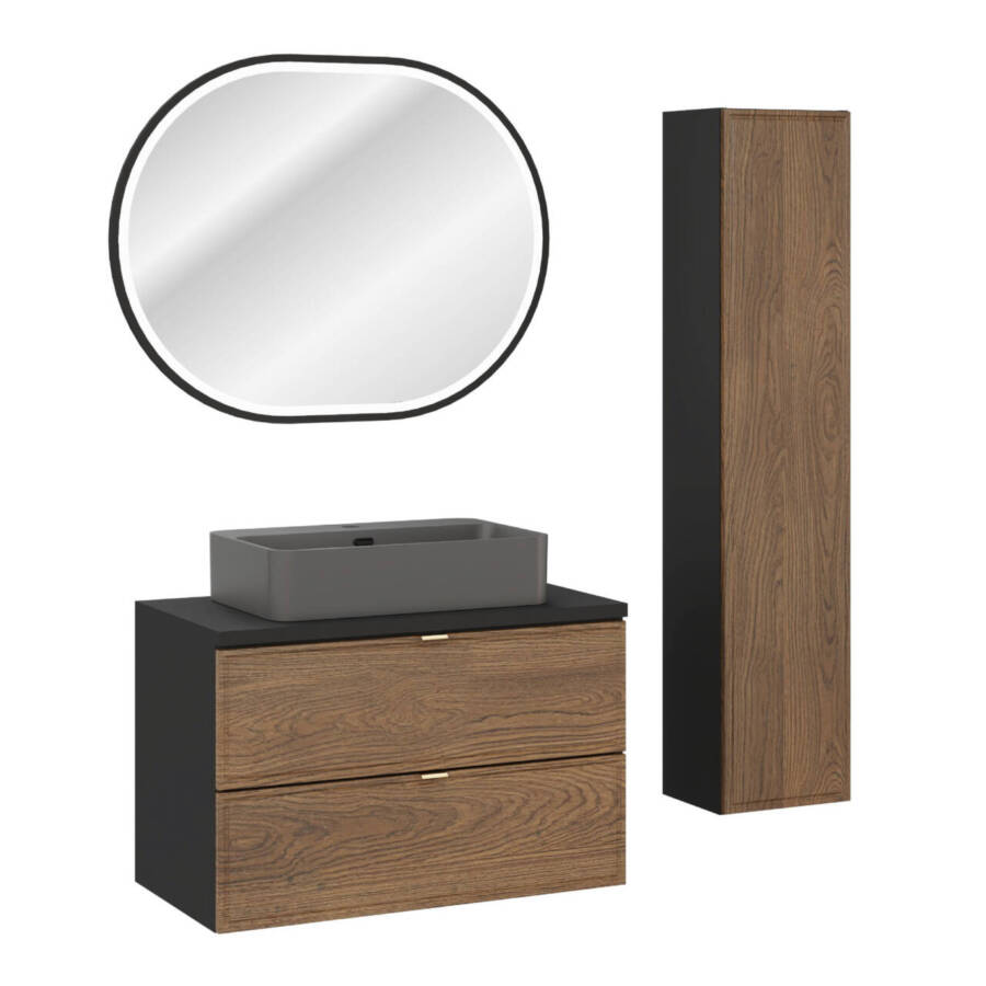 Nowoczesna szafka 80 cm z blatem, umywalką szarą i lustrem LED