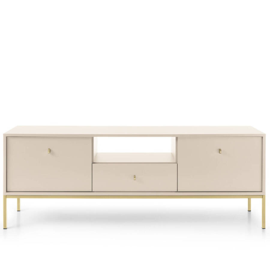 Nowoczesna szafka RTV 153 cm piaskowy beż ze złotym stelażem, minimalizm