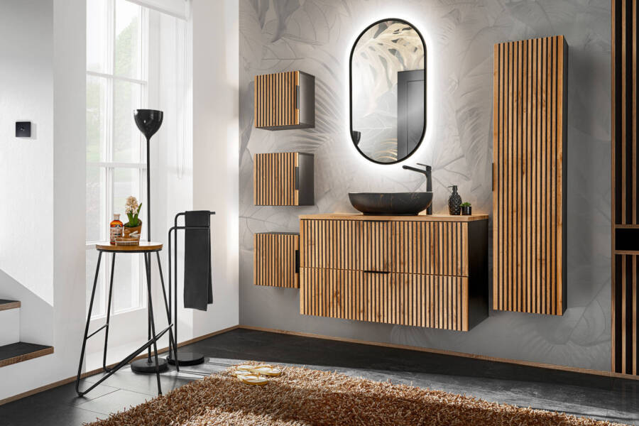 Zestaw mebli łazienkowych z umywalką, lustrem LED, lamele dąb wotan 1