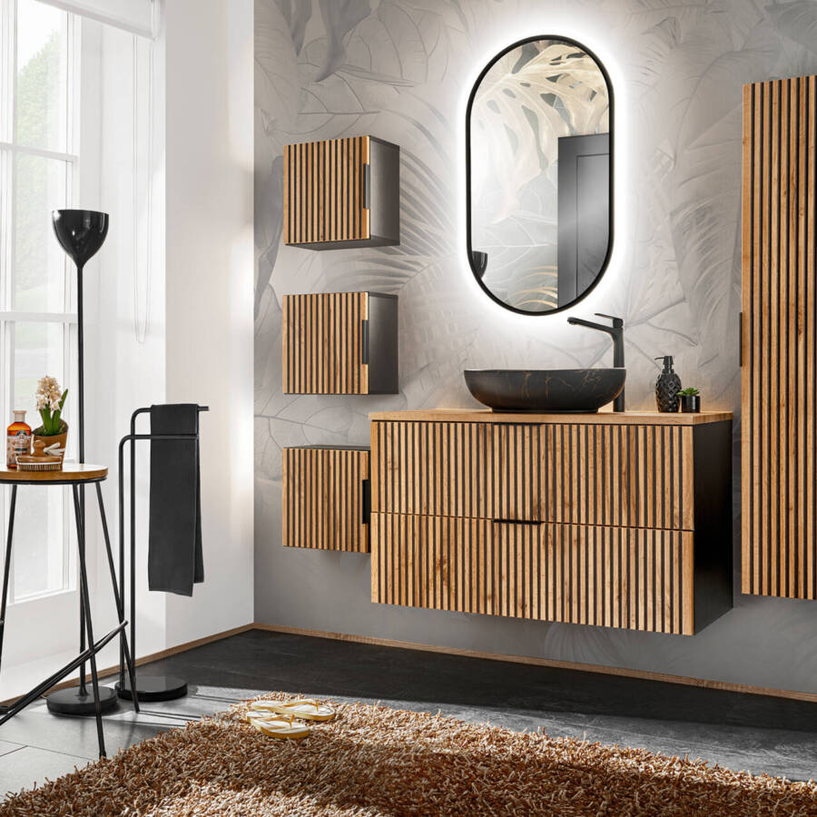 Zestaw mebli łazienkowych z umywalką, lustrem LED, lamele dąb wotan