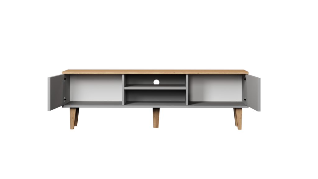 szafka rtv 160 cm szara z blatem dąb wnętrze
