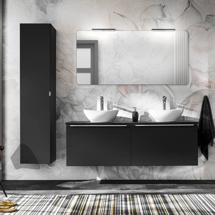 Szafka łazienkowa 120 cm czarna 2x60 z umywalkami i lustrem LED