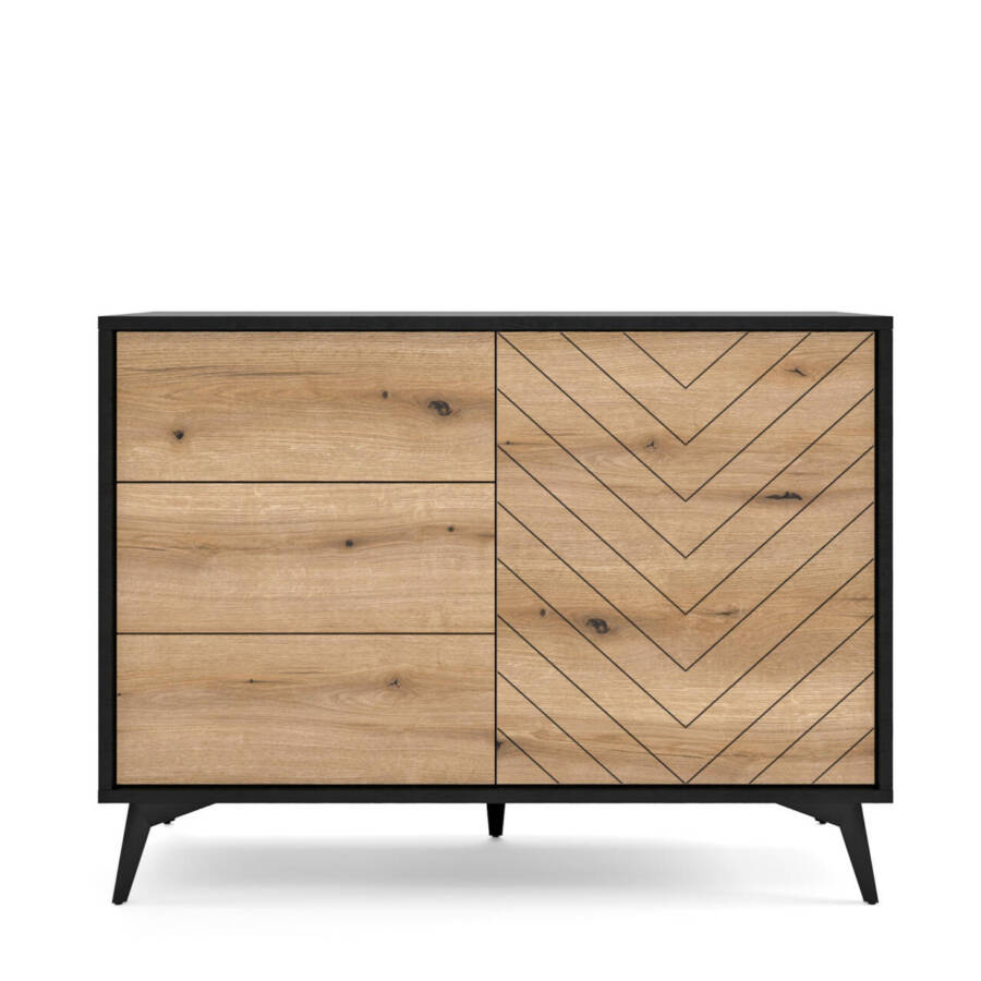 Nowoczesna Komoda 3 szuflady 1 drzwi, dąb evoke, czarny korpus, 104 cm
